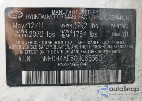 2012 Hyundai Elantra Gls z USA, uszkodzony, nr VIN 5NPDH4AE8CH065360